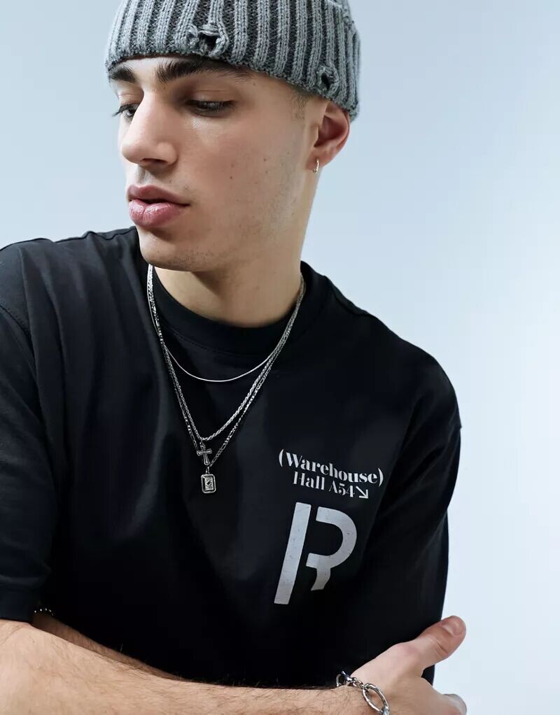 

Черная футболка свободного кроя Bershka с принтом Warehouse