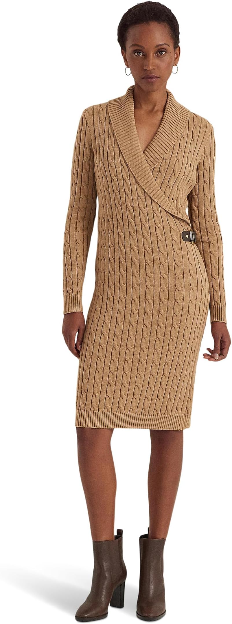 Платье-свитер косой вязки с пряжкой и отделкой LAUREN Ralph Lauren, цвет Classic Camel