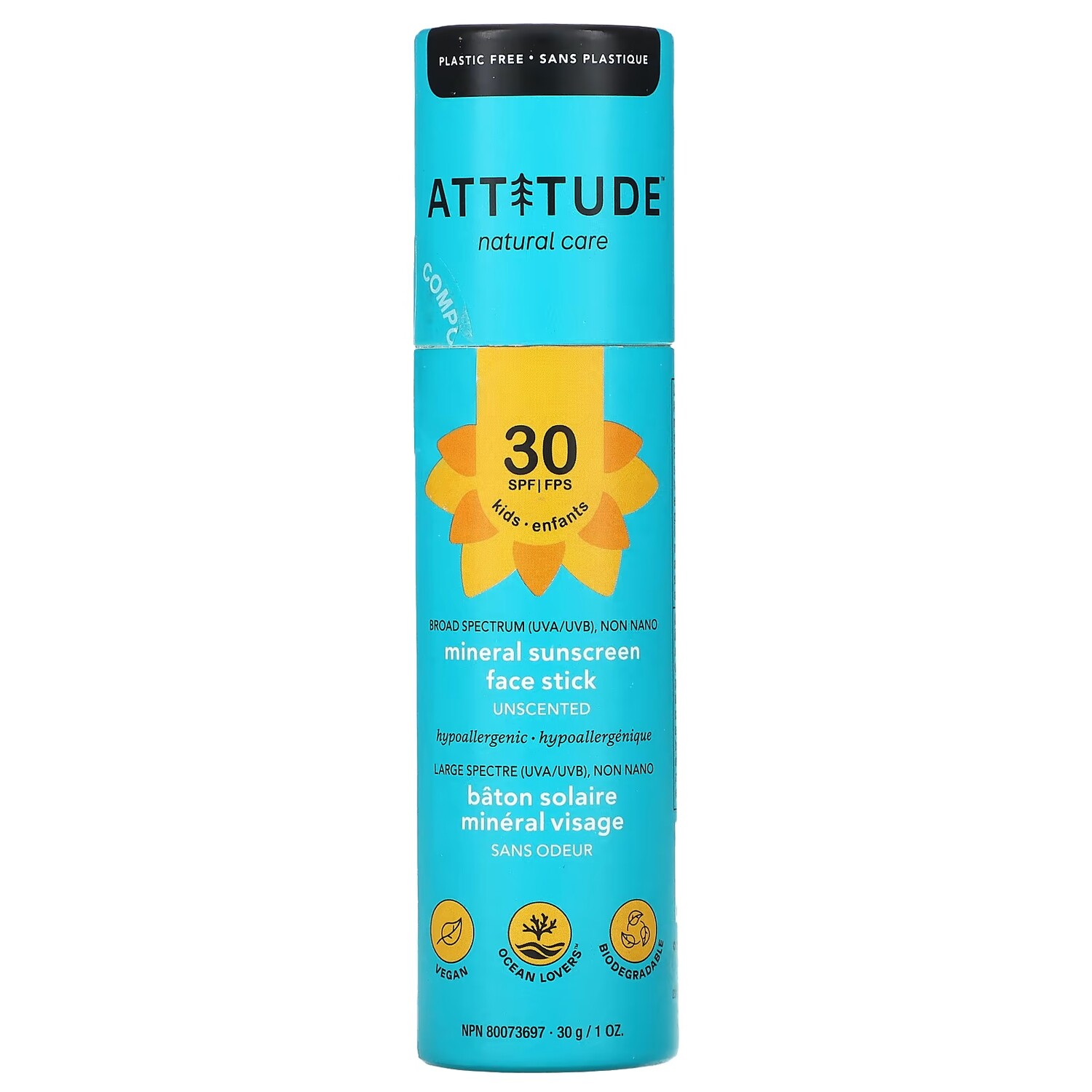 

ATTITUDE, Kids, Минеральный солнцезащитный стик для лица, SPF 30, без запаха, 1 унция (30 г)