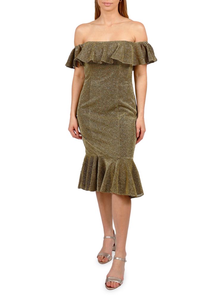 Блестящее коктейльное платье-футляр с открытыми плечами Rene Ruiz Collection, золото