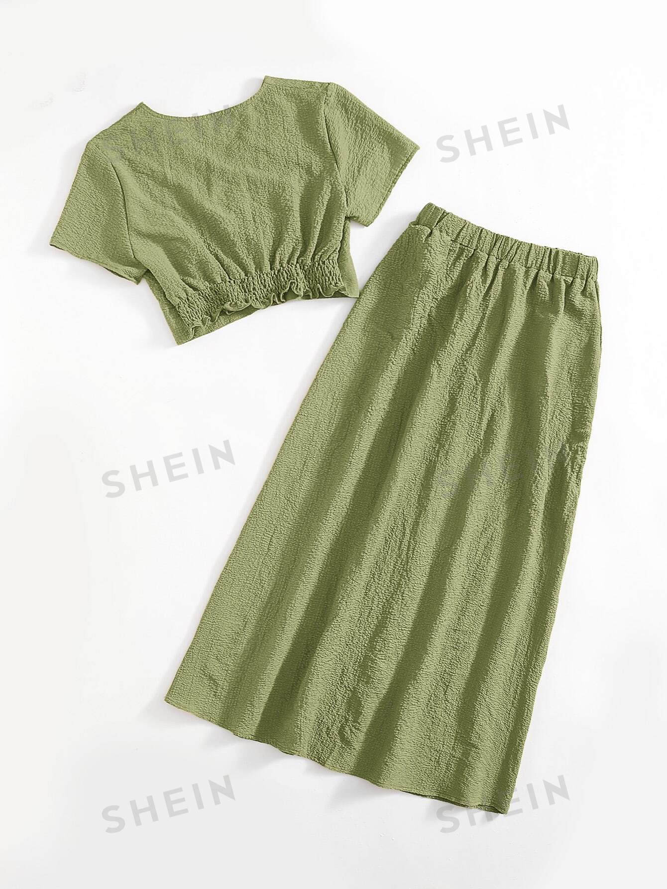 SHEIN Mulvari однотонный текстурированный повседневный комплект из двух предметов, оливково-зеленый детская летняя блузка и юбка розовая блузка и юбка