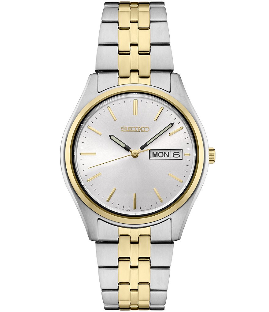 Мужские мужские кварцевые аналоговые часы Seiko с белым циферблатом Sunray, двухцветный браслет из нержавеющей стали, мультиколор мужские аналоговые кварцевые часы с большим циферблатом из нержавеющей стали
