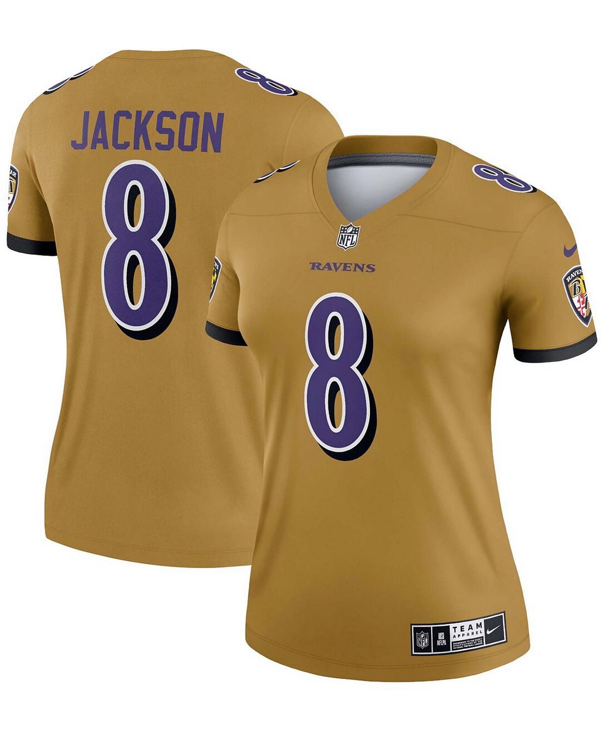 Женская джерси золотистого цвета Lamar Jackson Baltimore Ravens Inverted Legend Nike, золотой