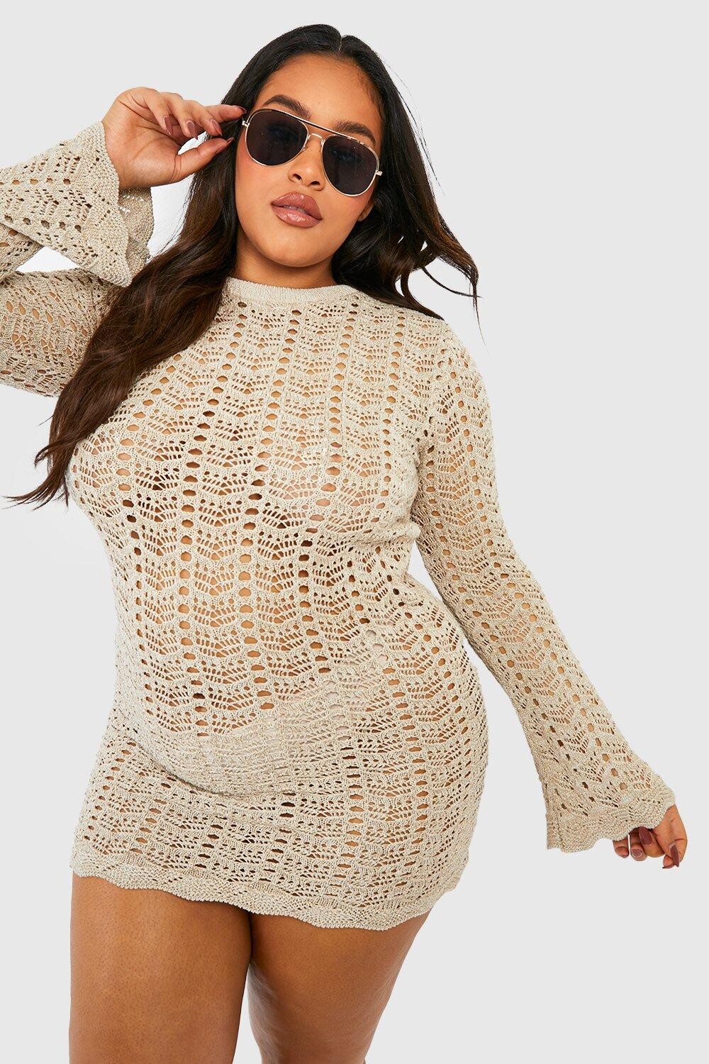 

Пляжное платье с металлическим рукавом, связанное крючком Boohoo, серый