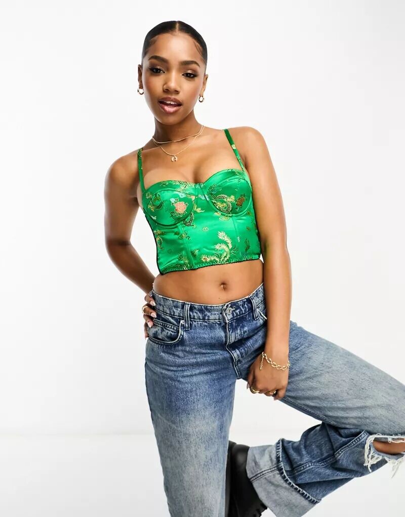 

Зеленый укороченный корсет из атласной парчи Superdry