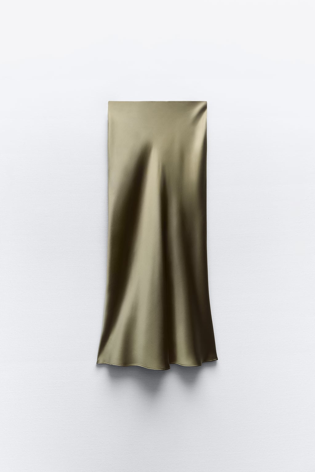 цена Атласная юбка миди ZARA, оливково-зеленый