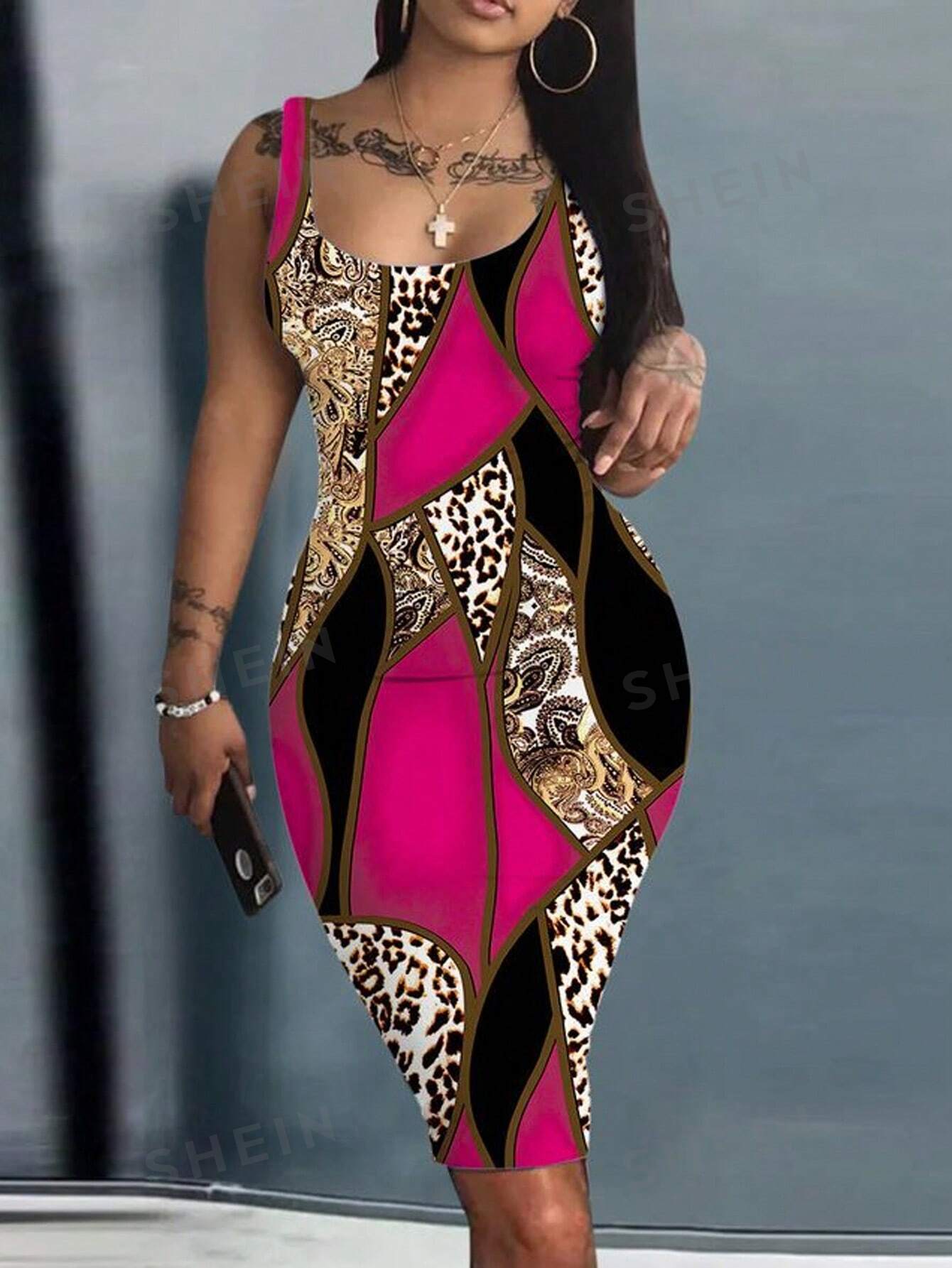 SHEIN Платье приталенного кроя без рукавов с леопардовым принтом, многоцветный цена и фото