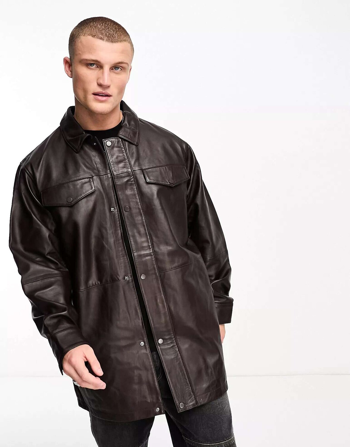 

Темно-коричневая объемная куртка из натуральной кожи ASOS, Коричневый