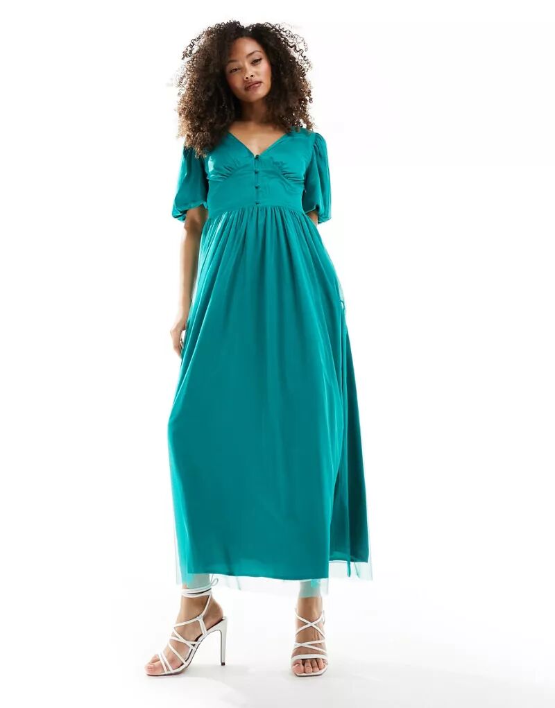 Изумрудно-зеленое платье миди из тюля с пуговицами спереди Vila цена и фото