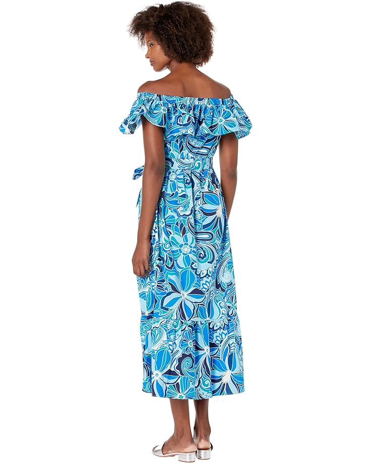 blue ruffle off shoulder top Платье Donna Morgan Cotton Ruffle Detail Off-the-Shoulder Maxi, цвет Beige/Blue