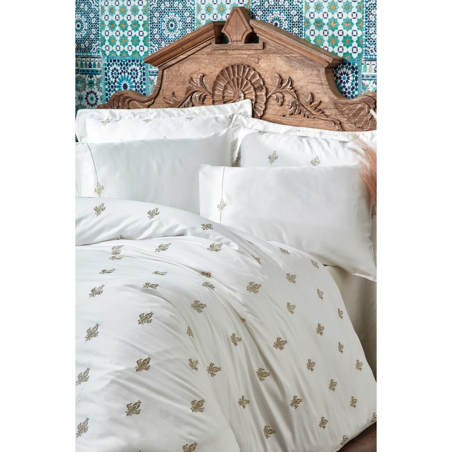 Экокотон Aslisah King Size Комплект постельного белья 100% органический хлопок сатин с вышивкой Белый 220X240 см