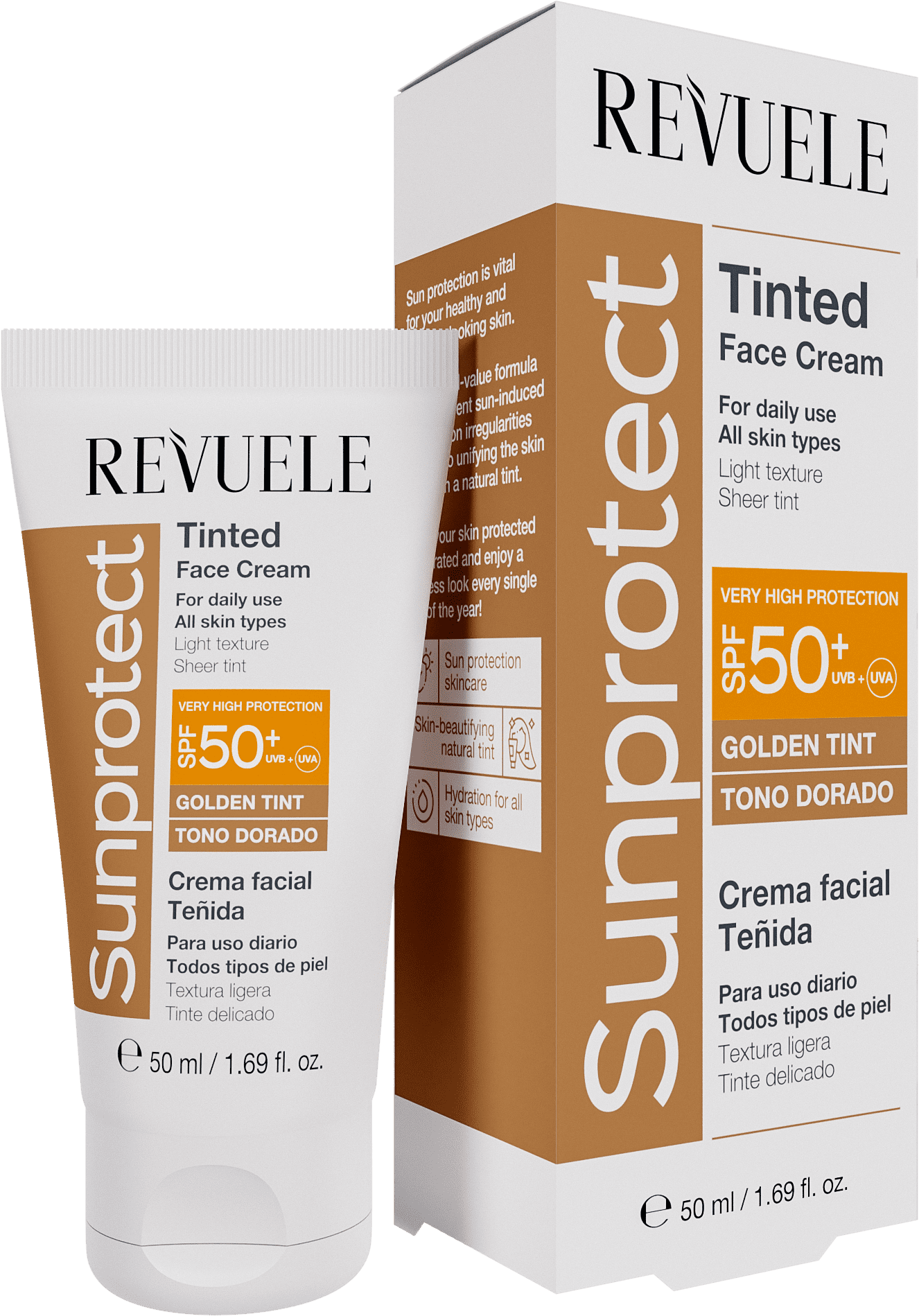 Крем-краска для лица с spf50+ золотой Revuele Sunprotect, 50 мл крем для лица nostrum восстанавливающий и увлажняющий дневной крем для лица с uva и uvb фильтрами