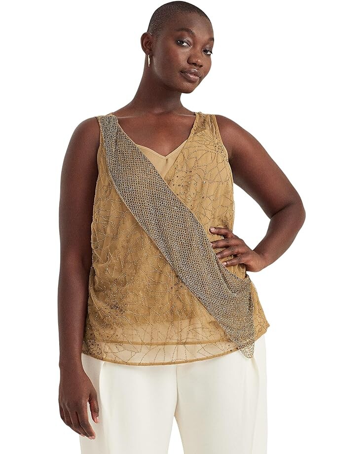 

Блуза LAUREN Ralph Lauren Plus Size Beaded Tulle Sleeveless, цвет New Tan