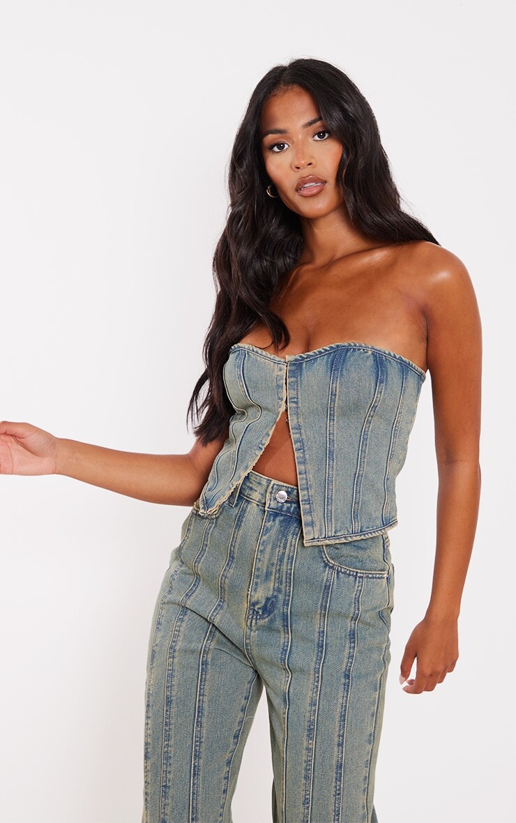 

PrettyLittleThing Высокий джинсовый корсет цвета индиго в винтажном стиле с крючками и проушинами