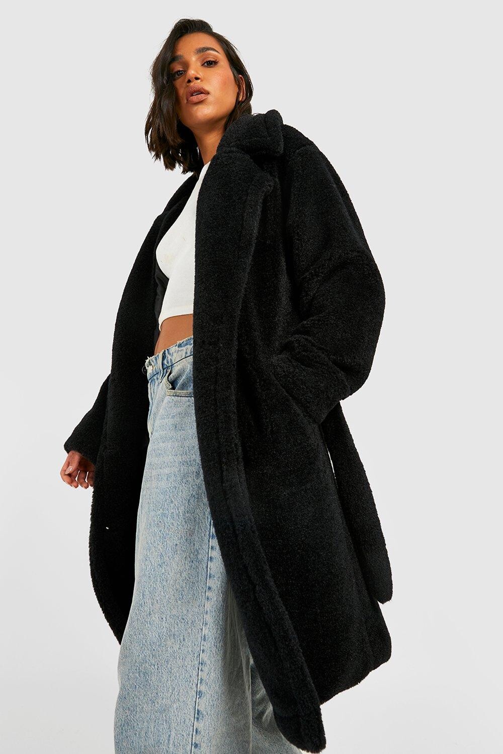 

Пальто с поясом из искусственного меха Boohoo, черный