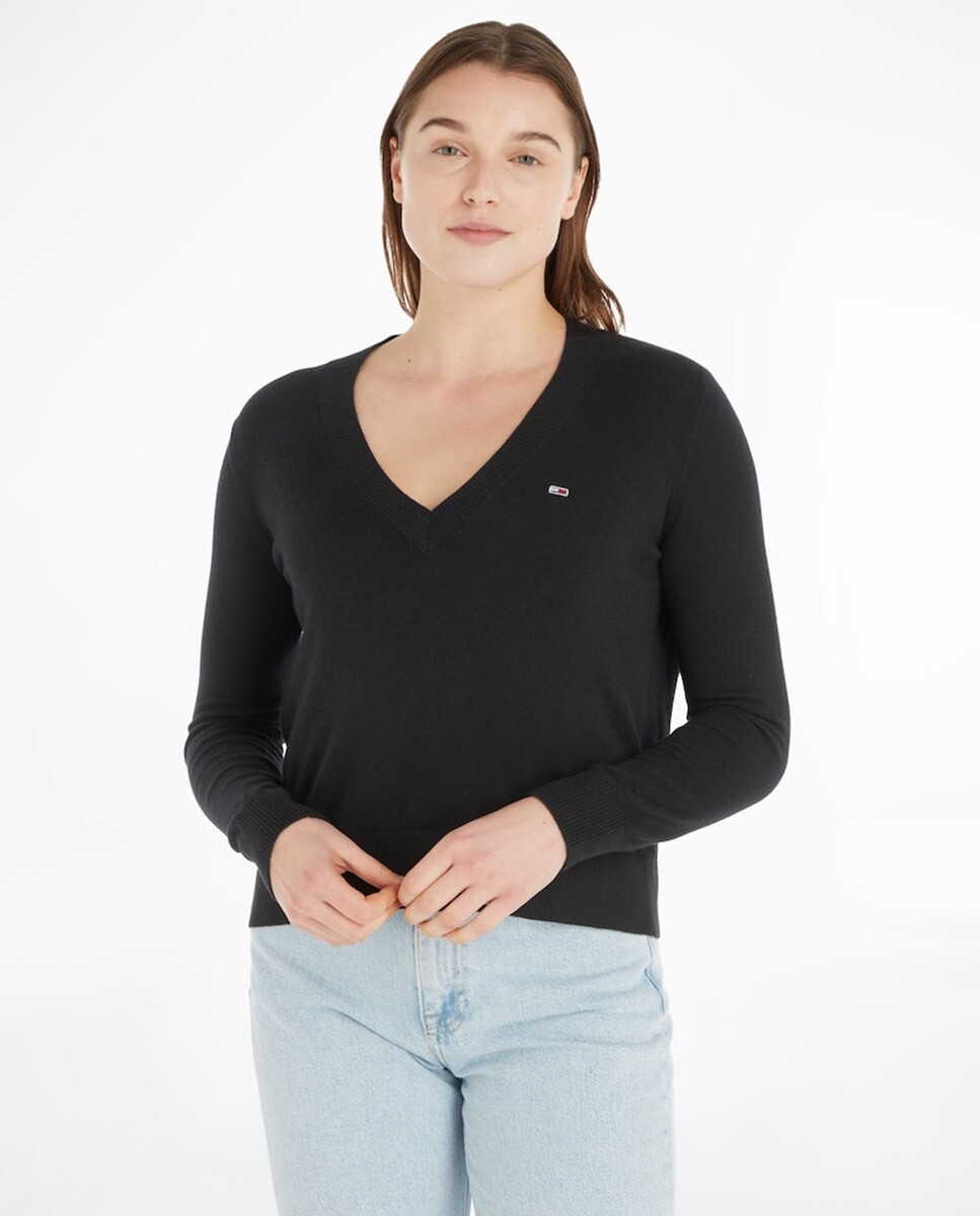 

Женский свитер с длинными рукавами и v-образным вырезом Tommy Jeans, черный