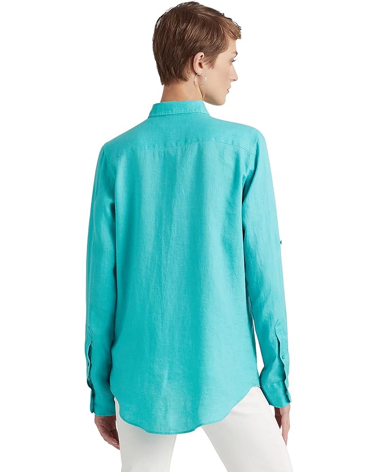 Рубашка LAUREN Ralph Lauren Roll-Tab-Sleeve Linen Shirt, цвет Natural Turquoise креповая рубашка lauren ralph lauren цвет natural turquoise