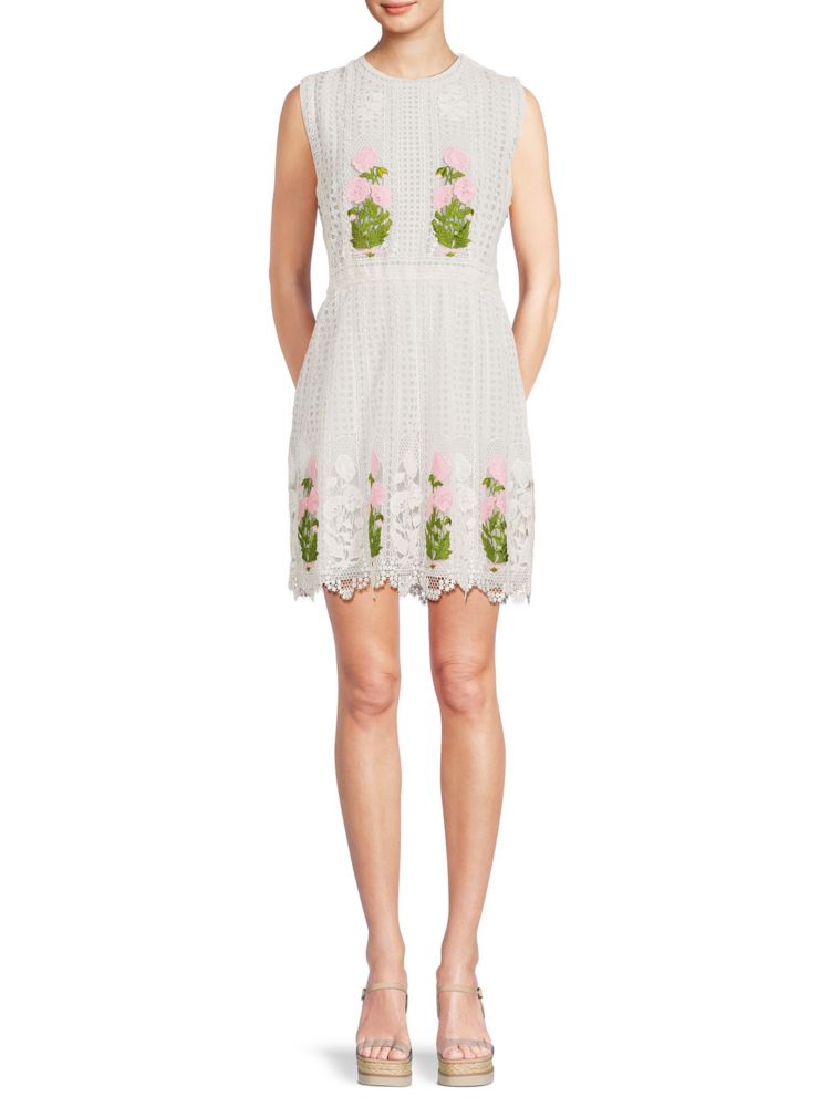 Кружевное мини-платье с вышивкой Giambattista Valli, цвет White Rose