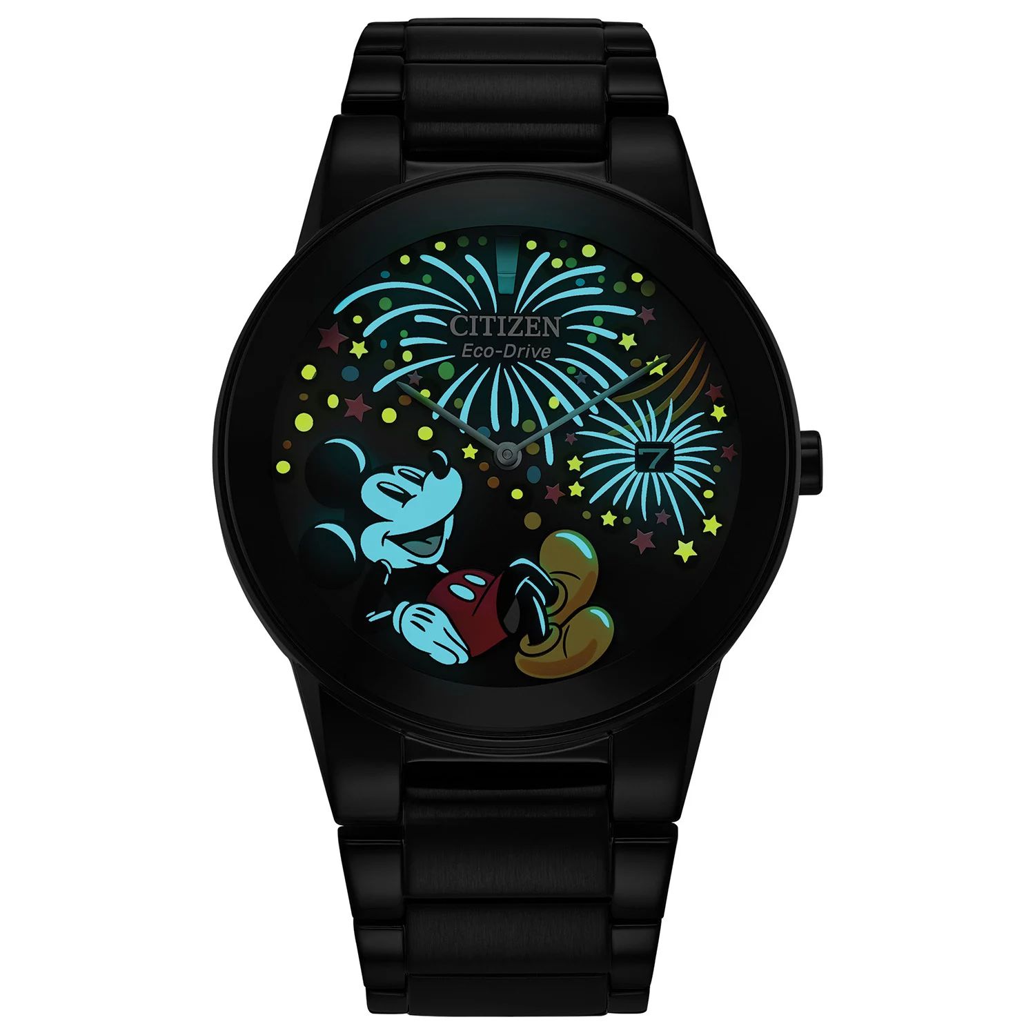 Мужские часы Disney Eco-Drive Mickey Mouse Fiesta 100th Anniversary с черным браслетом из нержавеющей стали от производителя — AU1095-57W Citizen цена и фото