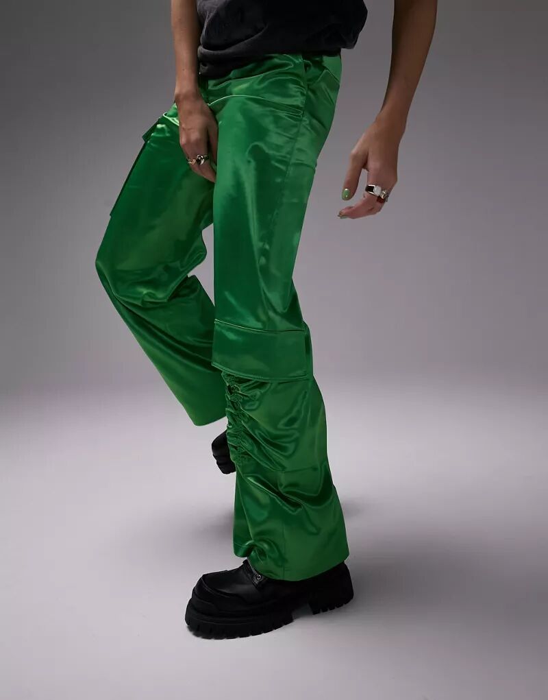 Зеленые атласные практичные брюки Topshop