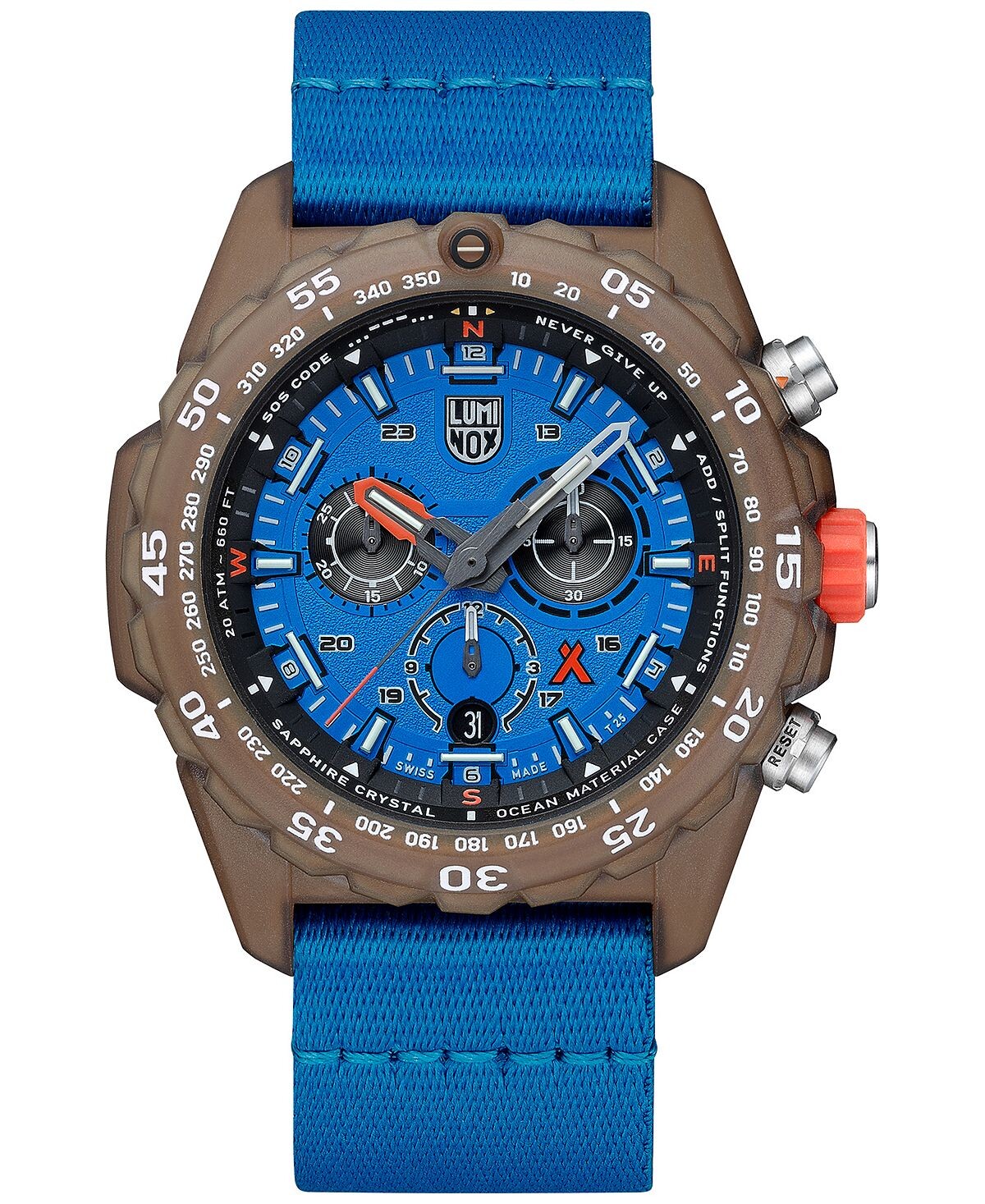 

Мужские швейцарские часы с хронографом Bear Grylls Survival Eco Master Series, синий ремешок из переработанного океанского материала, 45 мм Luminox