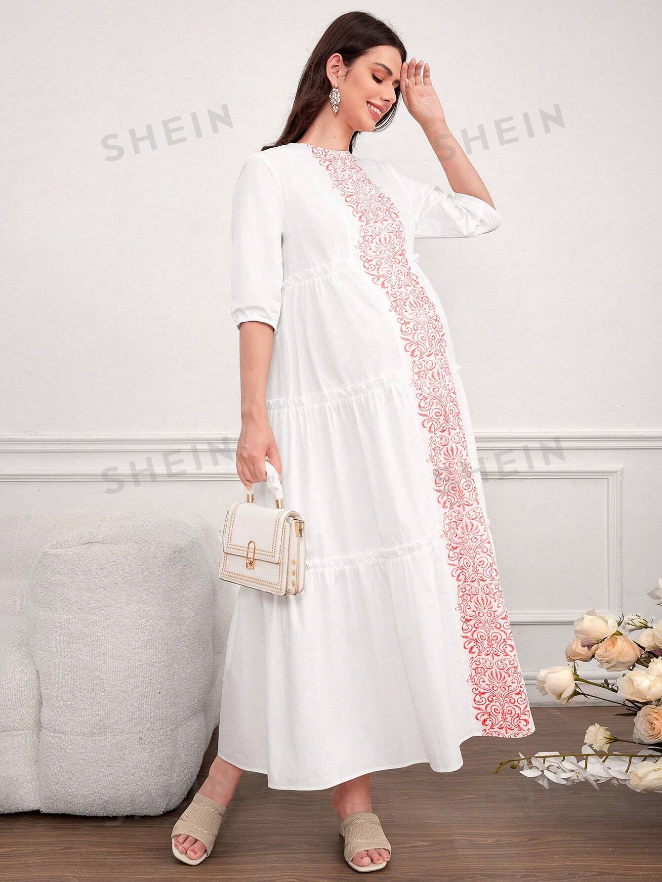 SHEIN Многослойное платье с растительным принтом для беременных, белый