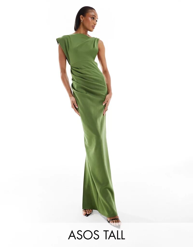 Оливковое платье макси асимметричного кроя с высоким воротником ASOS DESIGN Tall