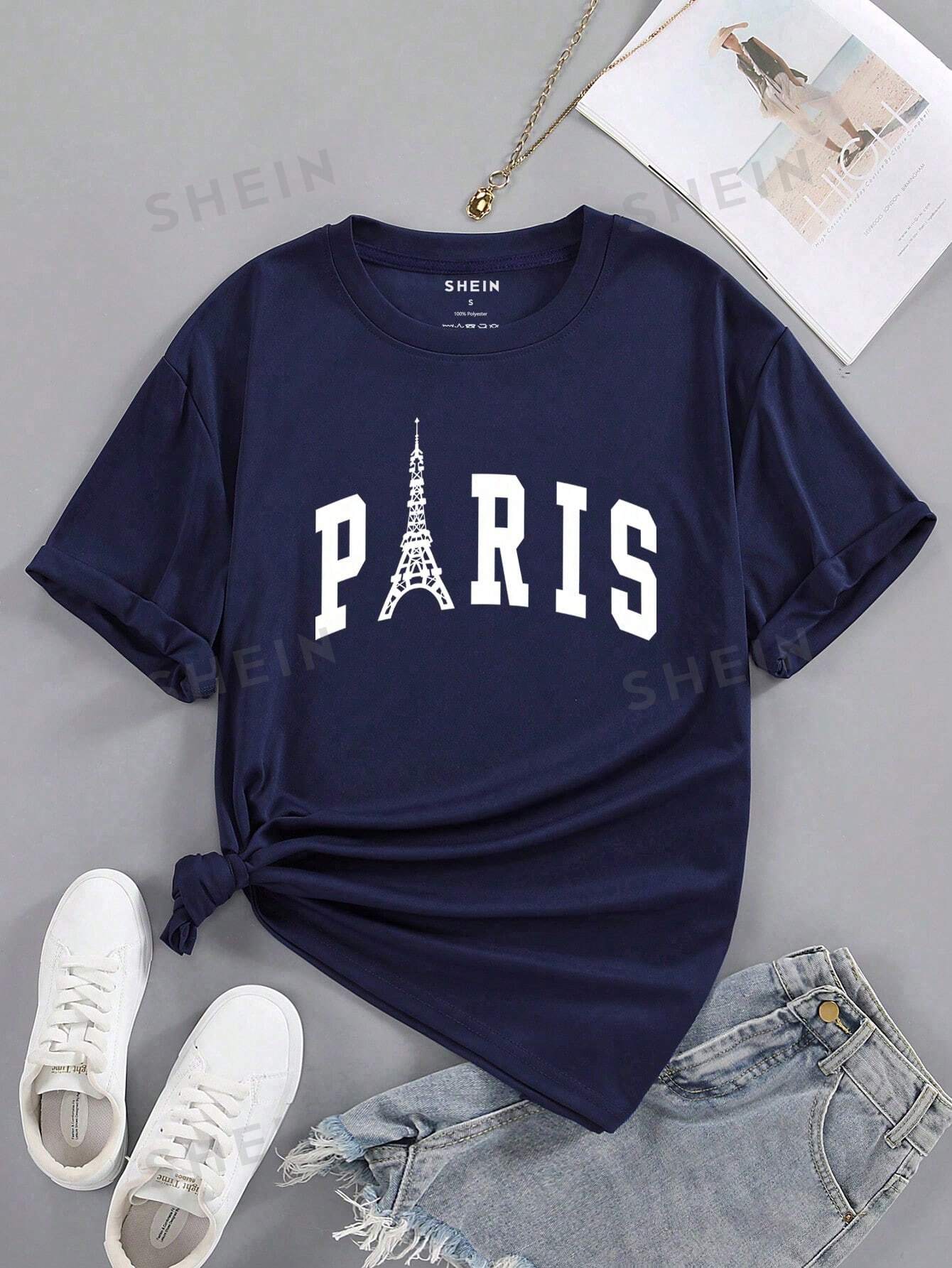 Футболка с принтом «Эйфелева башня и буквы Paris», темно-синий футболка с принтом цветы сердца и буквы темно серый