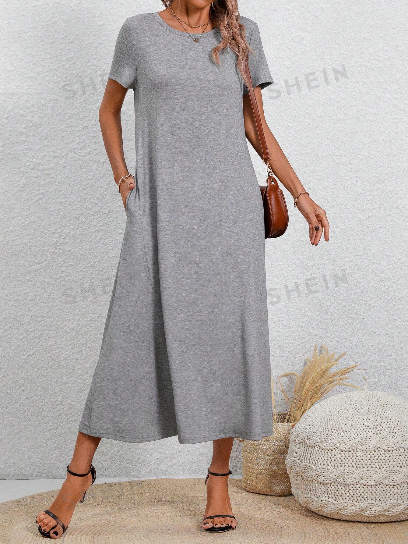 SHEIN LUNE Однотонное повседневное платье с круглым вырезом и короткими рукавами, серый