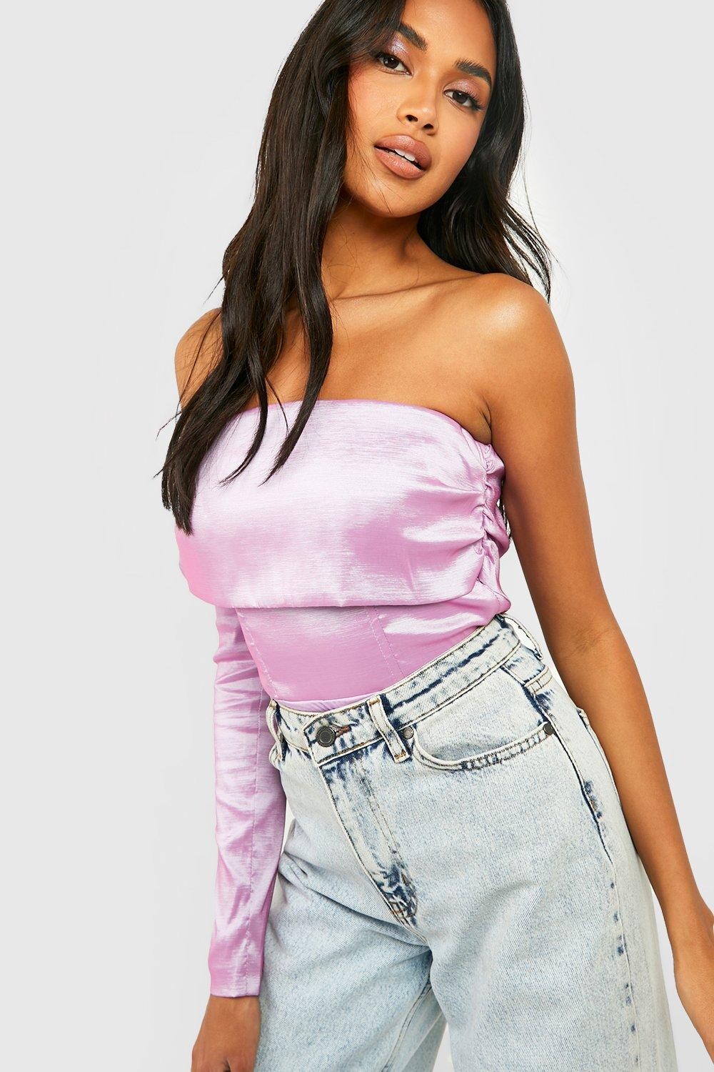 

Боди из тафеты на одно плечо Boohoo, сиреневый