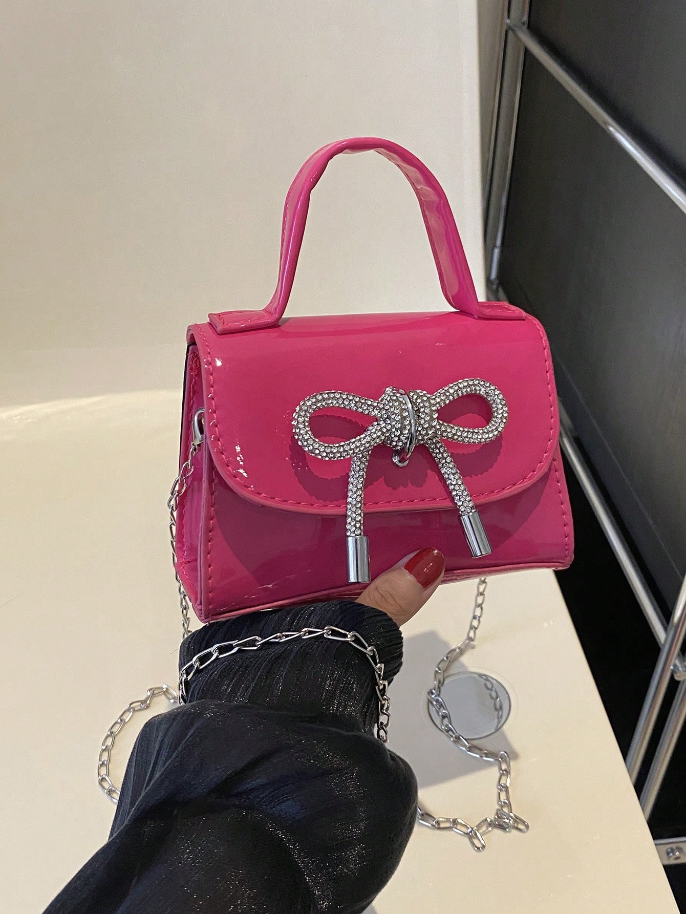 1 шт. Зеркальная мини-сумочка из искусственной кожи с бантом, ярко-розовый