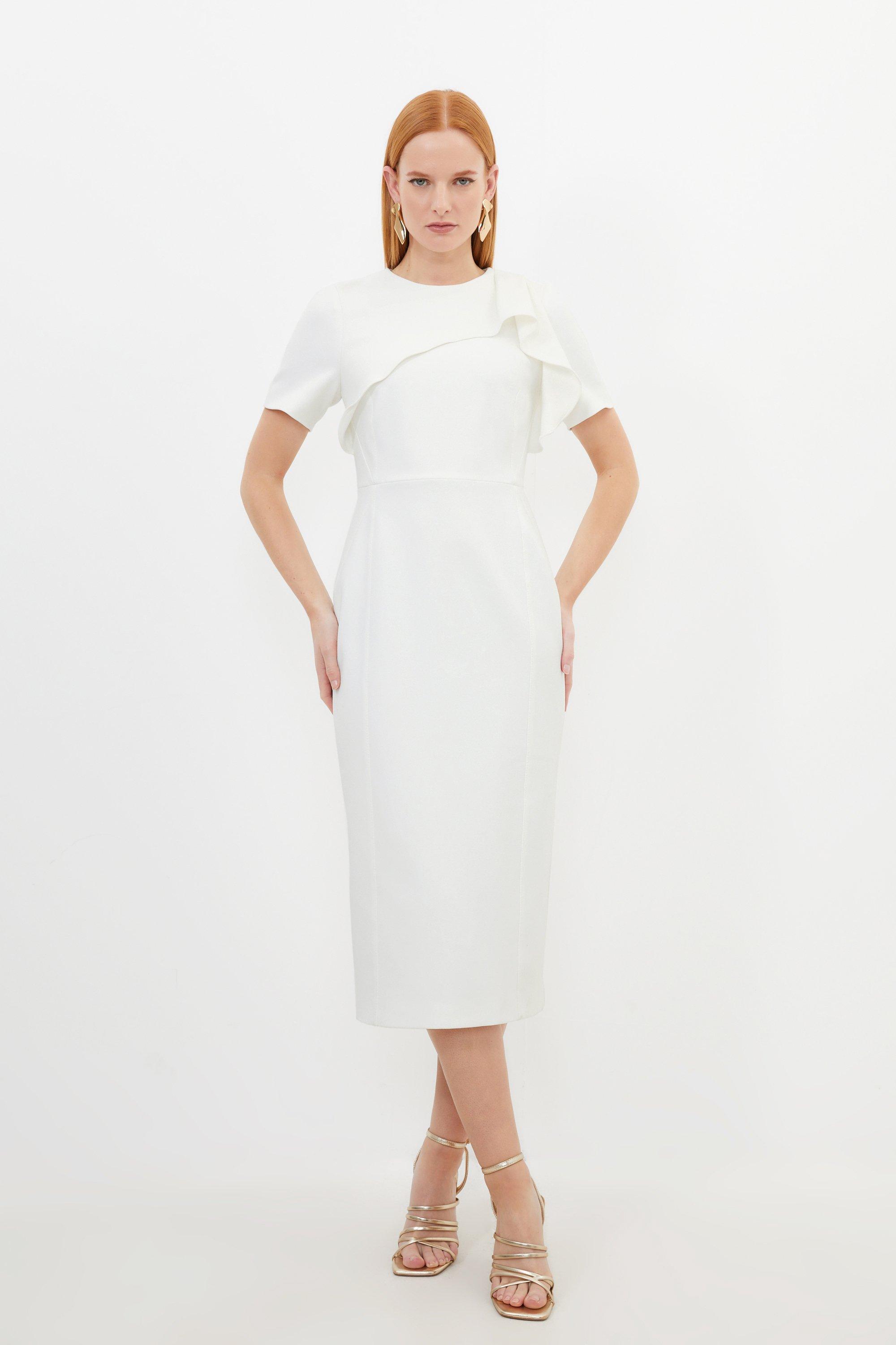 Миниатюрное строгое платье-миди из структурированного крепа с рюшами Karen Millen, белый миниатюрное строгое платье карандаш из структурированного крепа с высоким воротником и поясом karen millen белый