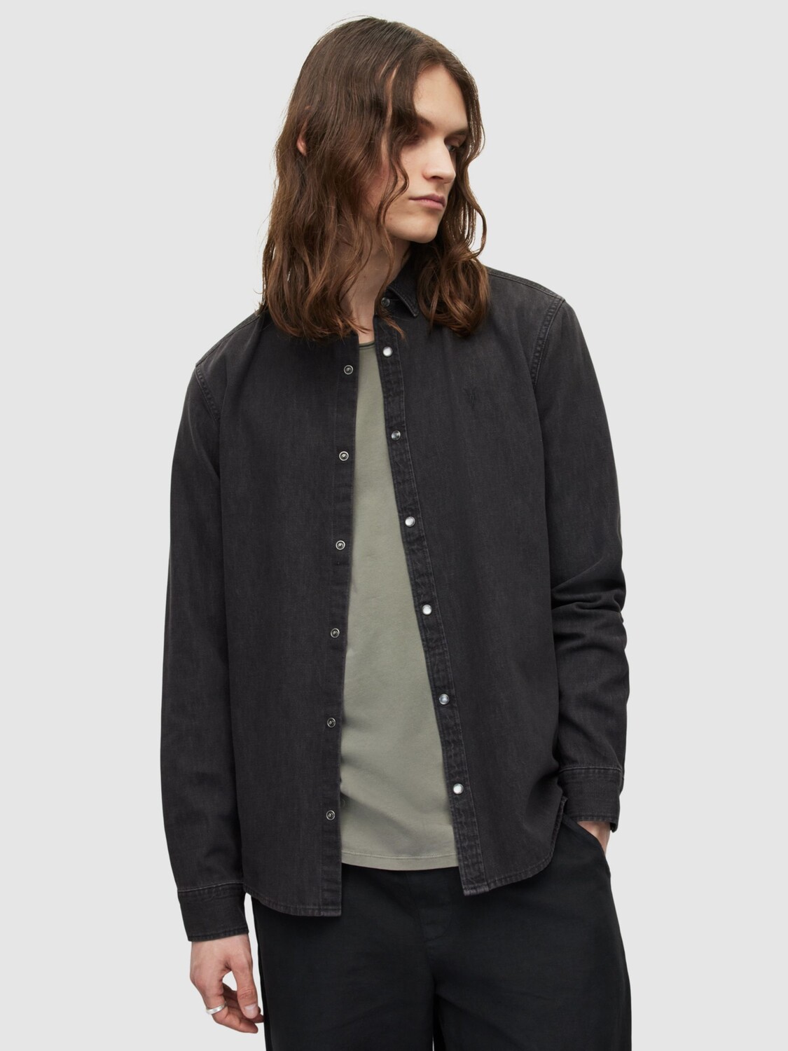 

Джинсовая рубашка AllSaints Gleason, серая, мытая черная
