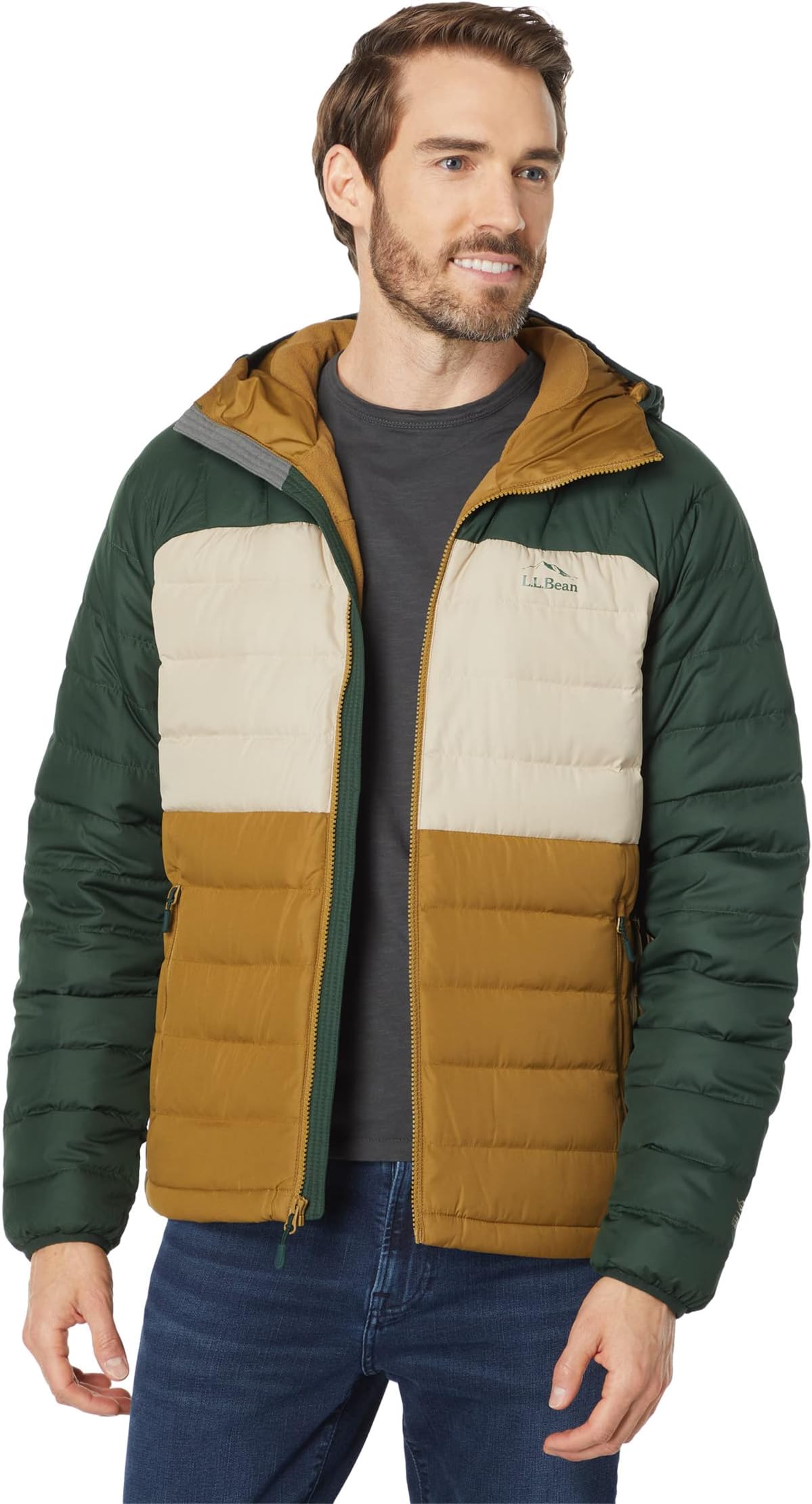 

Пуховик Bean's с капюшоном, колор-блок L.L.Bean, цвет Fatigue Green/Deep Balsam