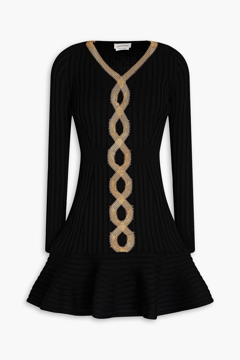 

Платье мини в рубчик с кольчужной отделкой из смесовой шерсти ALEXANDER MCQUEEN, черный