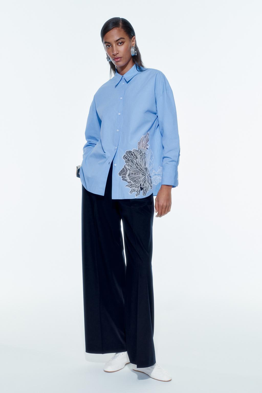 Рубашка из поплин с вышивкой цветка ZARA, светло-синий кружевная цветочная рубашка sitonjwly женская хлопковая блузка со съемным воротником