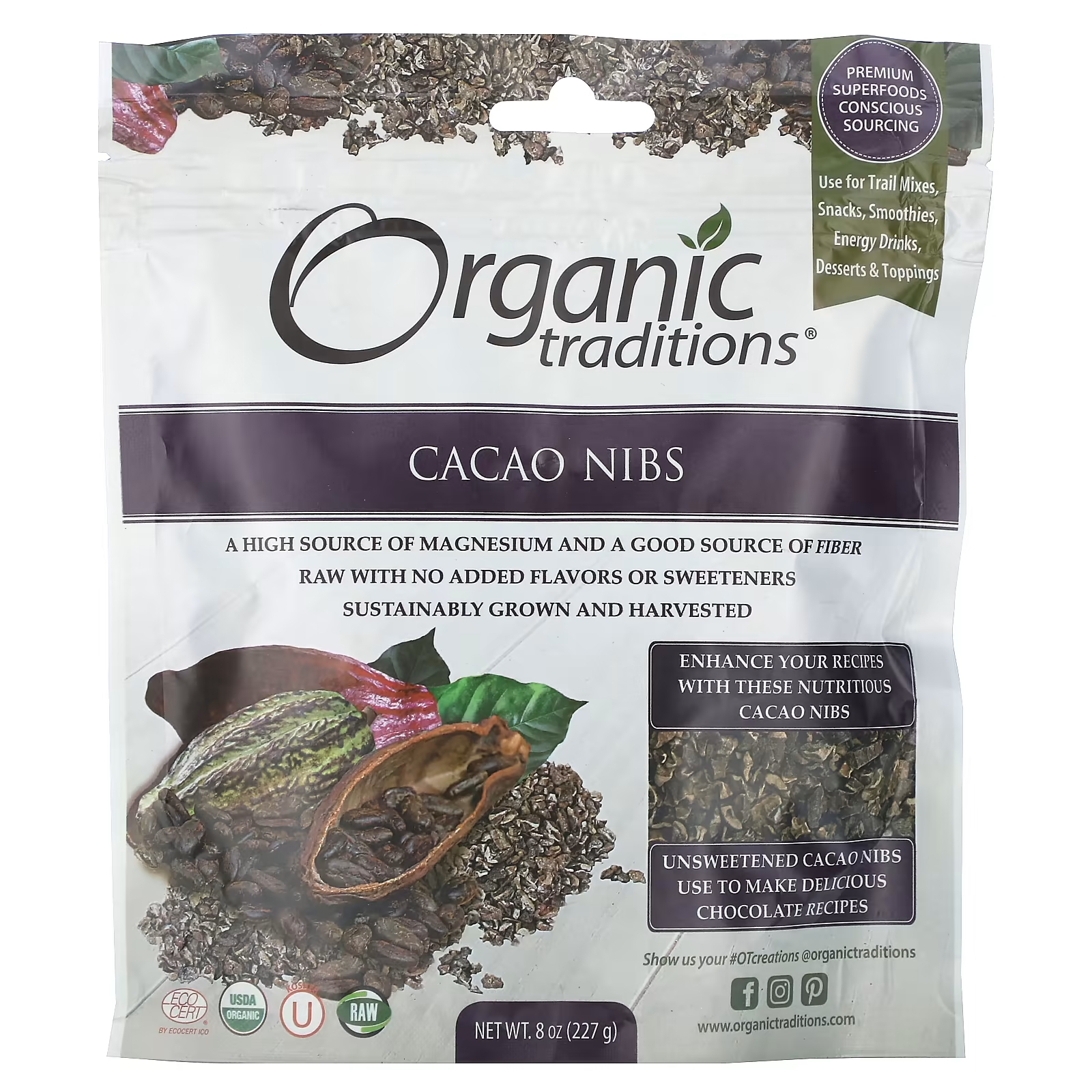 Суперфуды Organic Traditions Cacao Nbs, 227 г organic traditions тертый кокос 227 г 8 унций