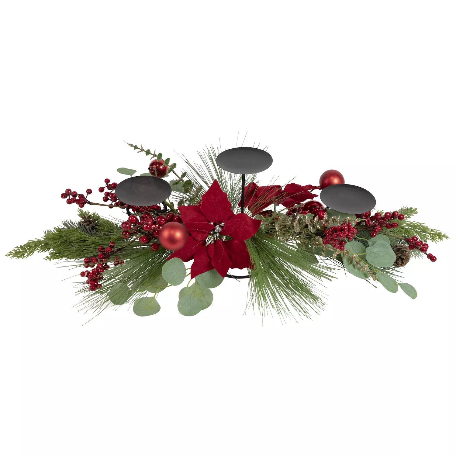 Тройной подсвечник 32 дюйма с рождественским декором из красных ягод и пуансеттии