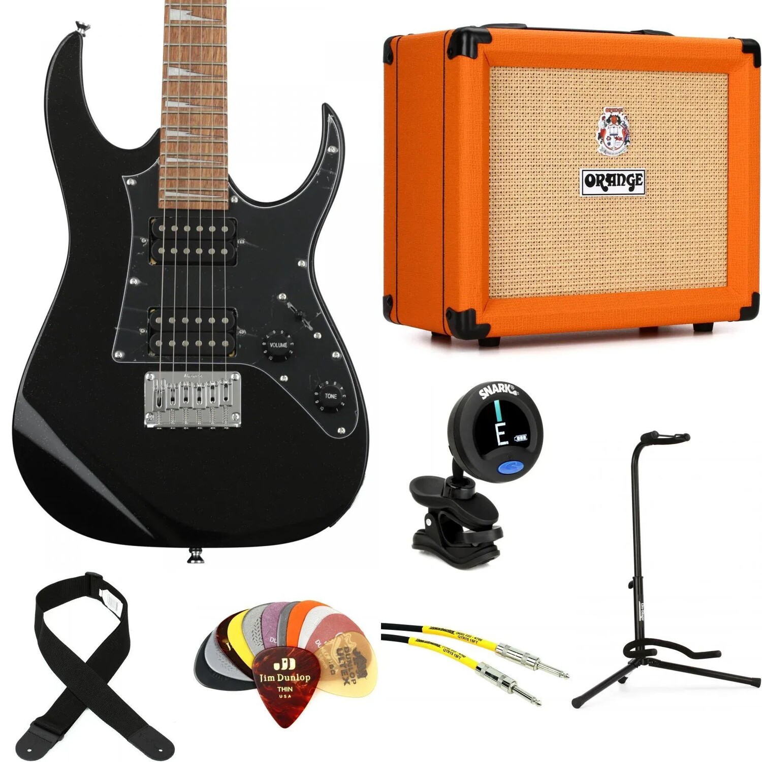 

Электрогитара Ibanez miKro GRGM21 и комплект принадлежностей Orange Crush, 20 Amp Essentials — черный