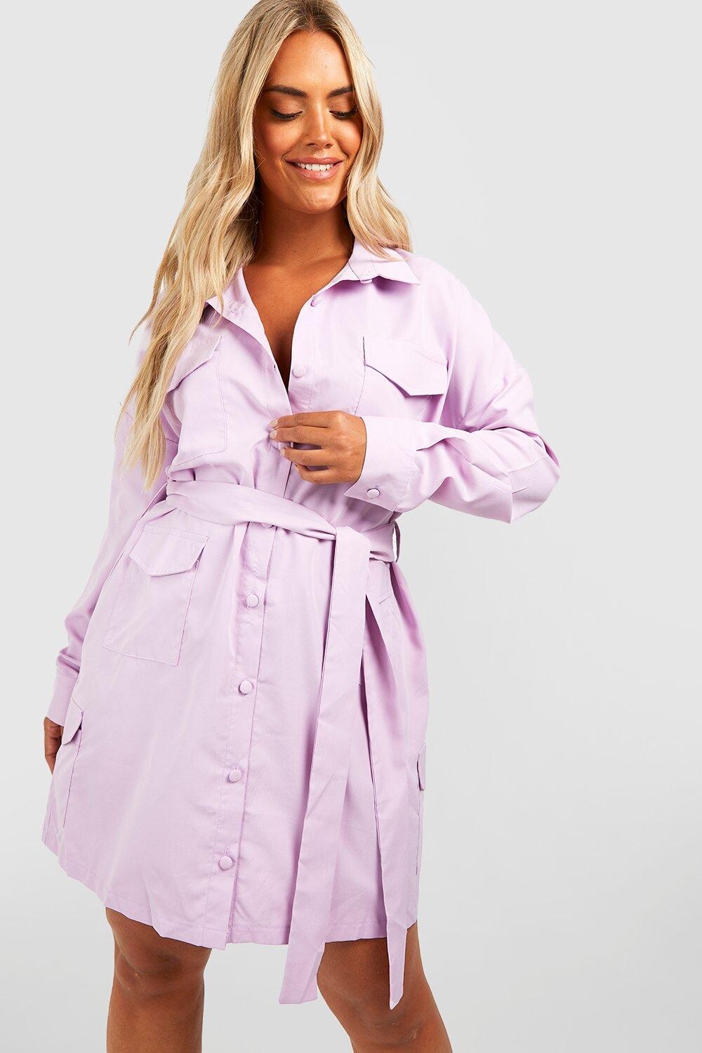 

Платье-рубашка с поясом и карманами plus Boohoo, сиреневый