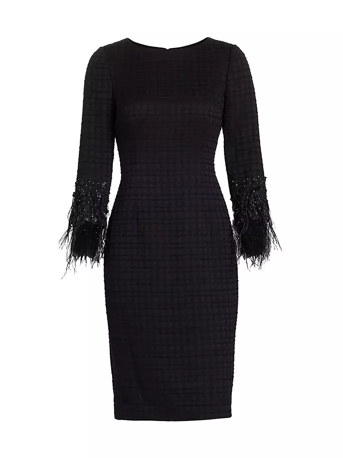 Твидовое платье-футляр с отделкой перьями Teri Jon By Rickie Freeman, черный