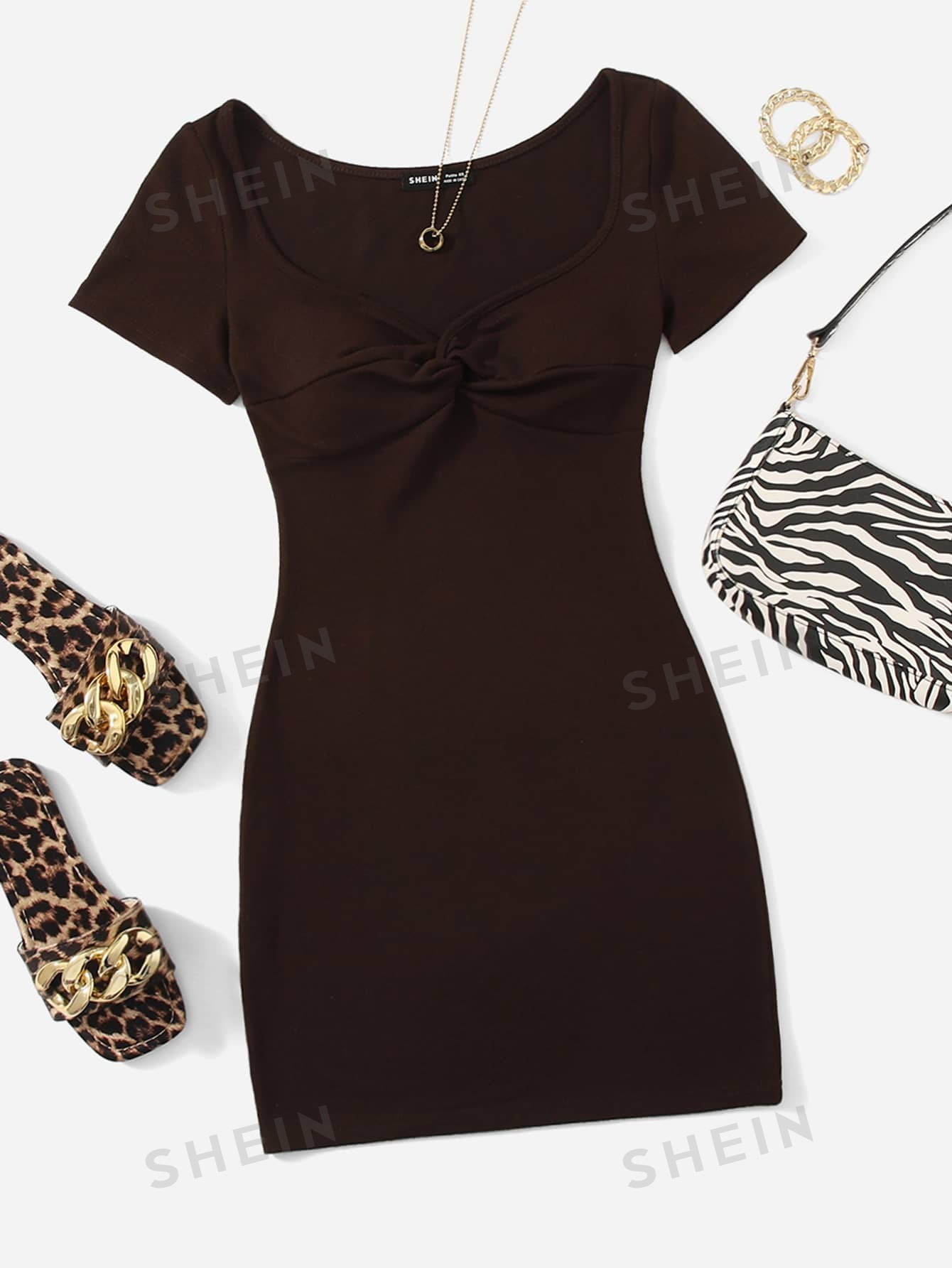SHEIN PETITE Женское платье с вырезом сердечком и короткими рукавами, шоколадно-коричневый