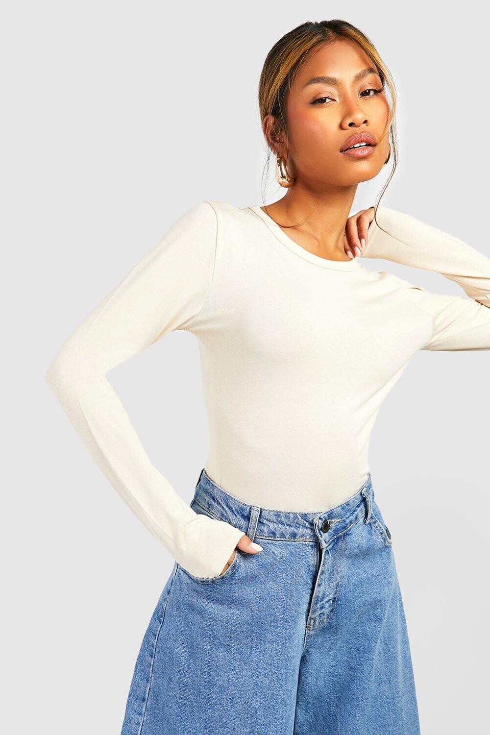 

Базовый топ из хлопка с длинным рукавом и круглым вырезом Boohoo, серый