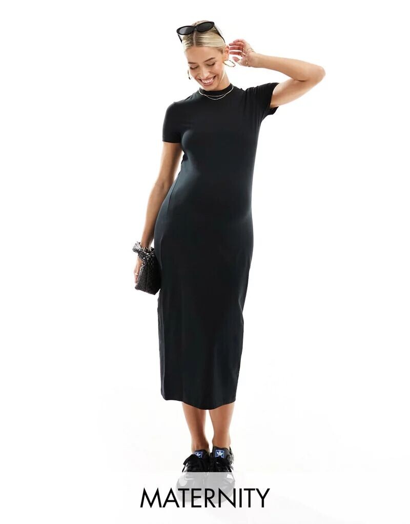 

Черное трикотажное платье миди для беременных Mamalicious Maternity с короткими рукавами Mama.licious