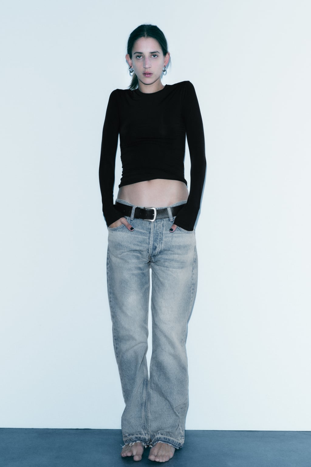 

Топ из полиамида с длинными рукавами ZARA, черный