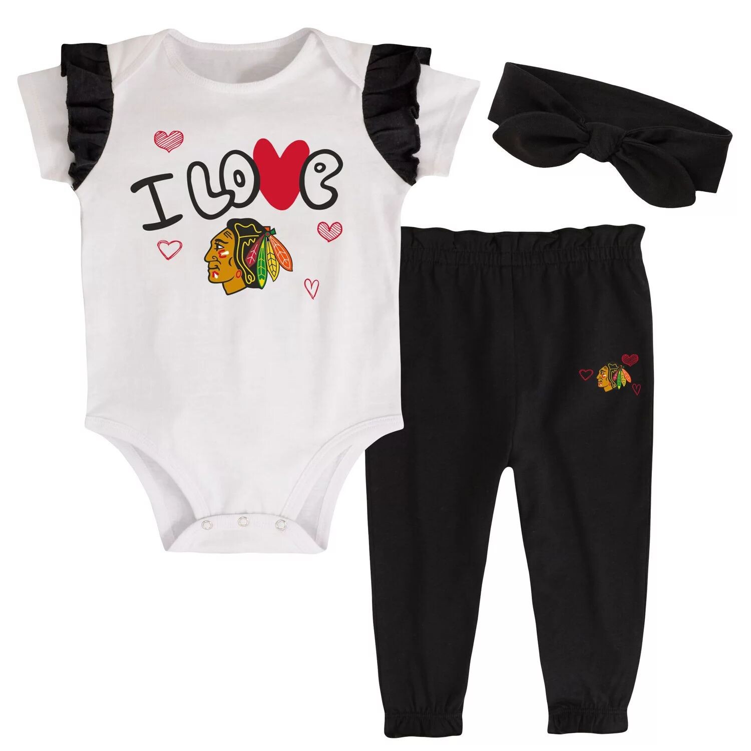 

Белое/черное боди для девочек Chicago Blackhawks I Love Hockey, комплект со штанами и повязкой на голову Outerstuff