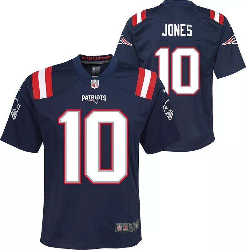 

Nike Youth New England Patriots Mac Jones # 10 Темно-синяя игровая майка