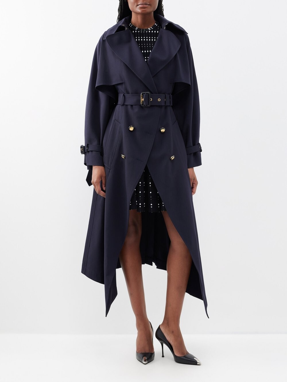 

Драпированный тренч из твила из смесовой шерсти Alexander McQueen, синий