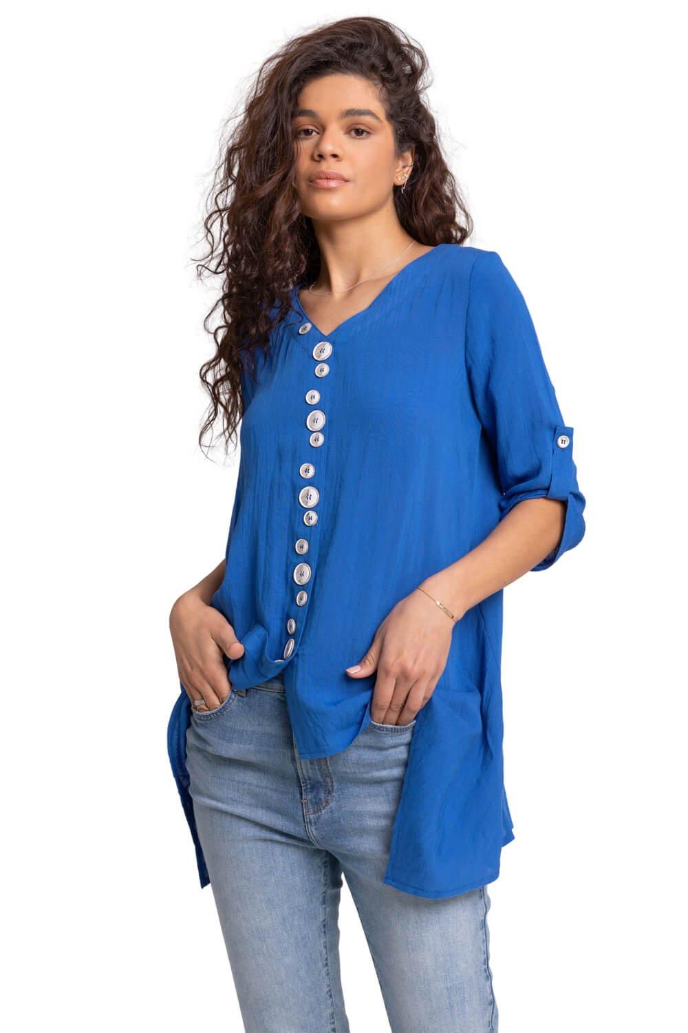 Асимметричный топ с абстрактными пуговицами Roman, синий женская ажурная рубашка с принтом змеиной кожи длинная блузка женский сексуальный асимметричный топ с v образным вырезом женская одежда