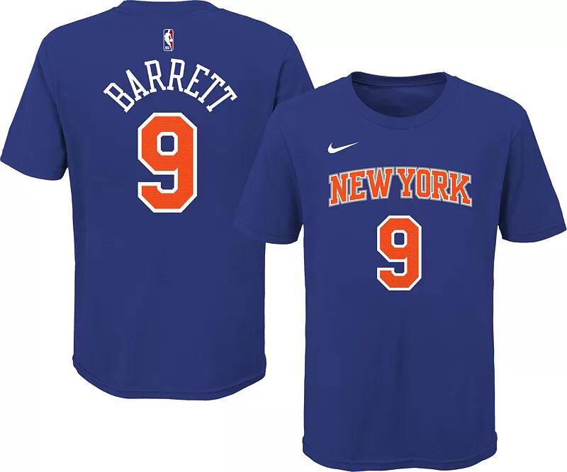 Синяя хлопковая футболка Nike Youth New York Knicks RJ Barrett #9 мужская футболка rj barrett grey new york knicks icon performance nike серый